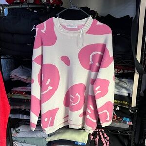 NWOT Pink and White Women's Oversized Smiley Sweater